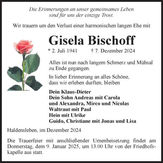 Traueranzeige von Gisela Bischoff von Volksstimme Haldensleben/Wolmirstedt