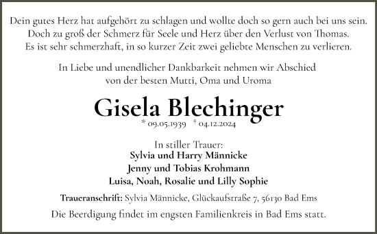 Traueranzeige von Gisela Blechinger von Mitteldeutsche Zeitung Halle/Saalkreis