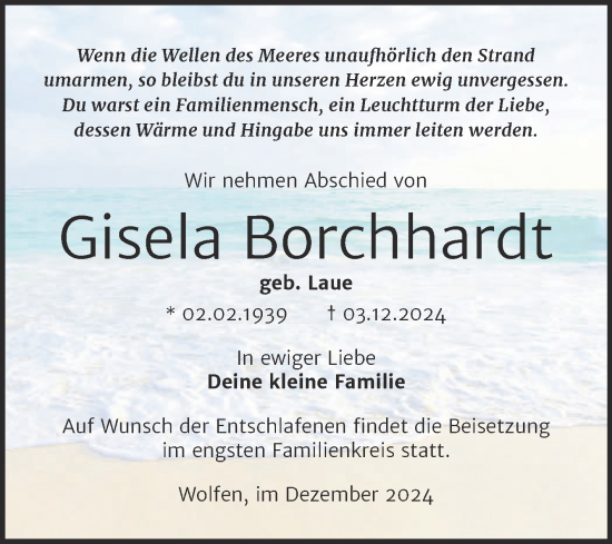 Traueranzeige von Gisela Borchhardt von Trauerkombi Bitterfeld
