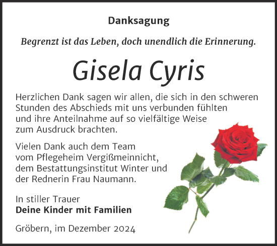 Traueranzeige von Gisela Cyris von Trauerkombi Wittenberg