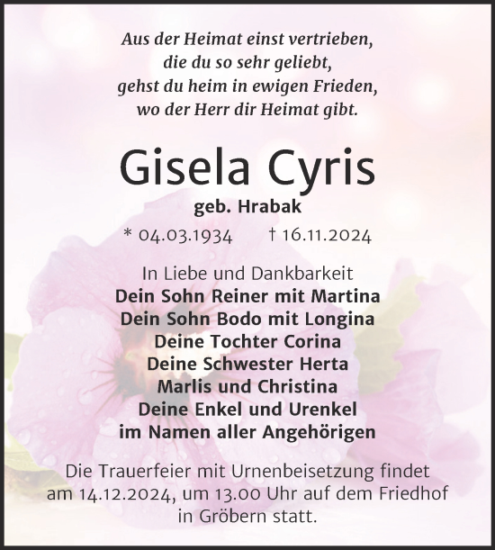 Traueranzeige von Gisela Cyris von Trauerkombi Bitterfeld
