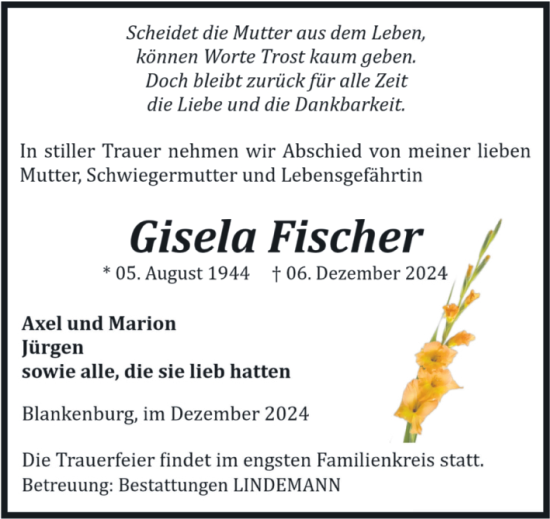 Traueranzeige von Gisela Fischer von Volksstimme Wernigerode