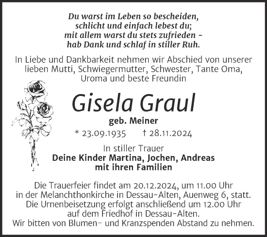 Traueranzeige von Gisela Graul von Trauerkombi Dessau