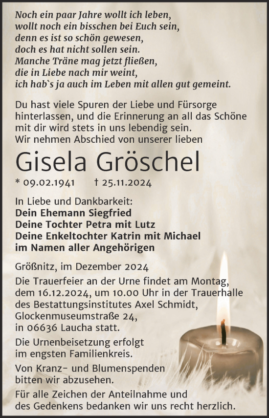 Traueranzeige von Gisela Gröschel von Super Sonntag Naumburg/Nebra