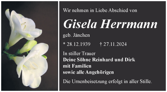 Traueranzeige von Gisela Herrmann von Trauerkombi Bitterfeld