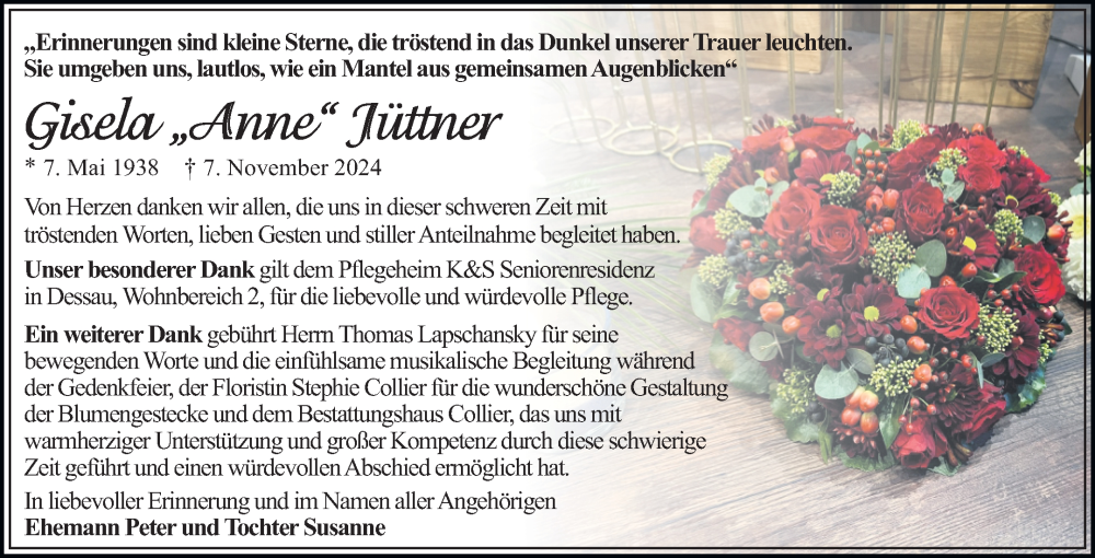  Traueranzeige für Gisela Jüttner vom 21.12.2024 aus Trauerkombi Dessau
