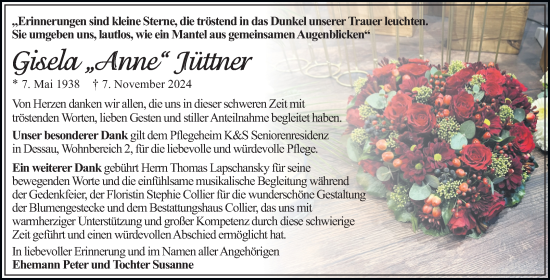 Traueranzeige von Gisela Jüttner von Trauerkombi Dessau