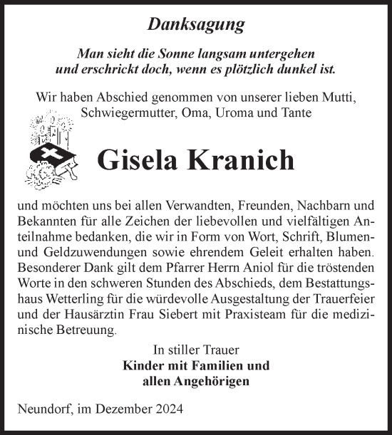 Traueranzeige von Gisela Kranich von Volksstimme Staßfurt