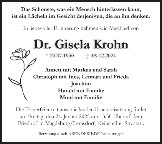 Traueranzeige von Gisela Krohn von Volksstimme Haldensleben/Wolmirstedt