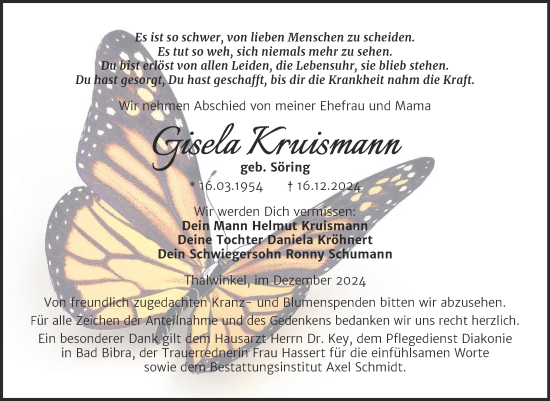 Traueranzeige von Gisela Kruismann von Super Sonntag Naumburg/Nebra