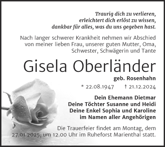 Traueranzeige von Gisela Oberländer von Naumburger Tageblatt