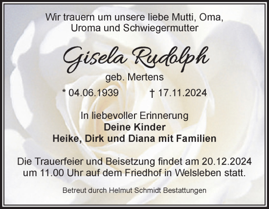 Traueranzeige von Gisela Rudolph von Volksstimme Schönebeck