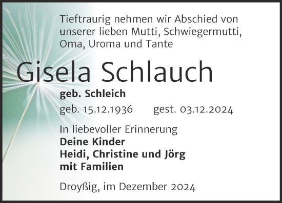 Traueranzeige von Gisela Schlauch von Trauerkombi Zeitz