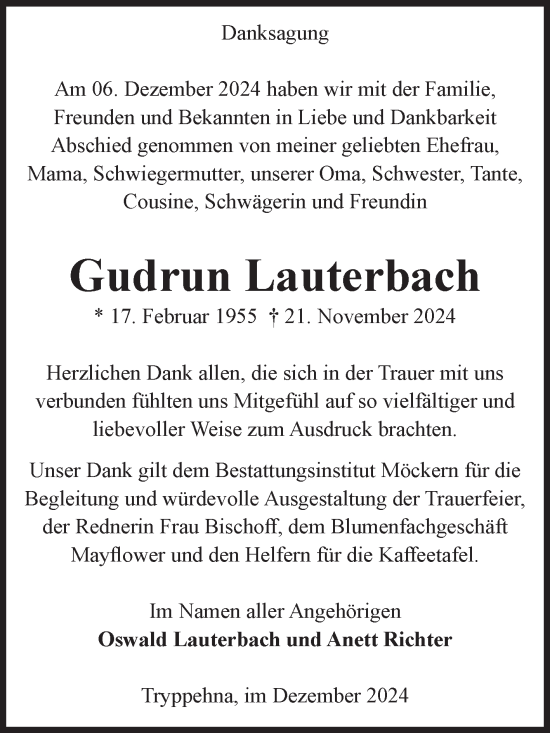 Traueranzeige von Gudrun Lauterbach von Volksstimme Burg/Genthin