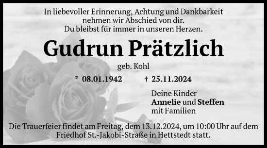 Traueranzeige von Gudrun Prätzlich von Volksstimme Oschersleben/Wanzleben