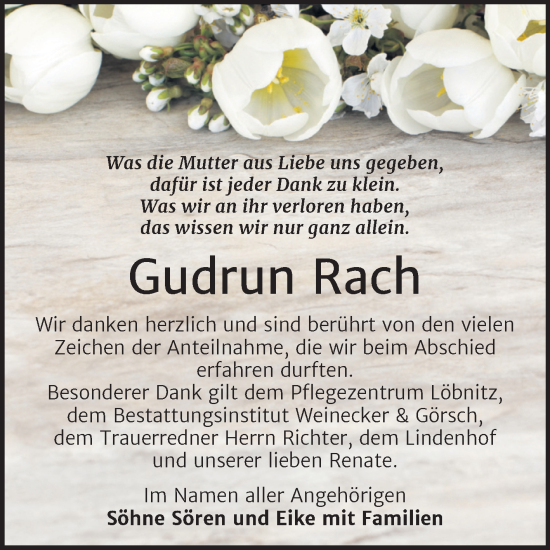 Traueranzeige von Gudrun Rach von Trauerkombi Bernburg