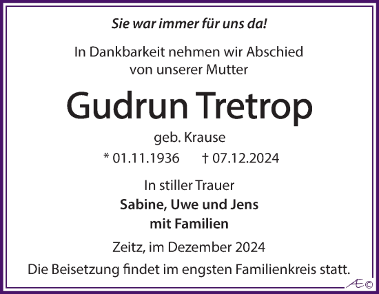 Traueranzeige von Gudrun Tretrop von Trauerkombi Zeitz