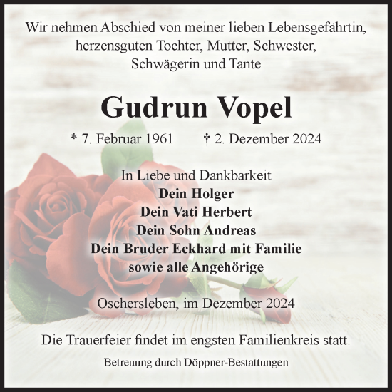 Traueranzeige von Gudrun Vopel von Volksstimme Oschersleben/Wanzleben