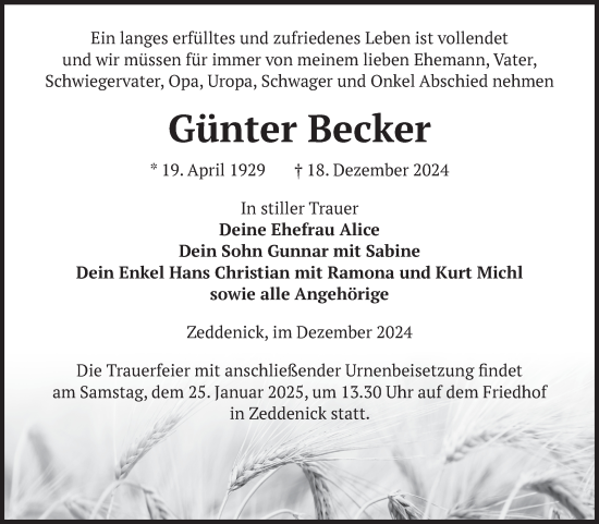 Traueranzeige von Günter Becker von Volksstimme Burg/Genthin