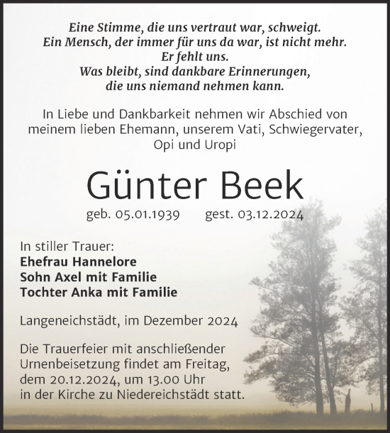 Traueranzeige von Günter Beek von Trauerkombi Merseburg