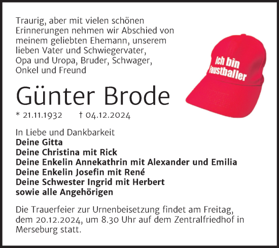 Traueranzeige von Günter Brode von Trauerkombi Merseburg
