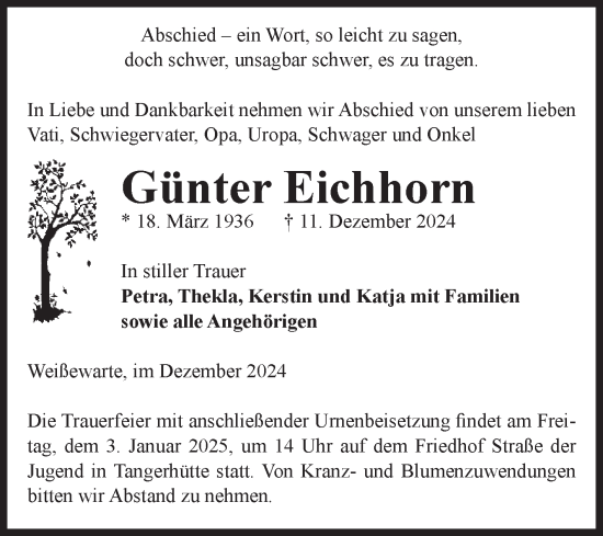 Traueranzeige von Günter Eichhorn von Volksstimme Altmark Ost