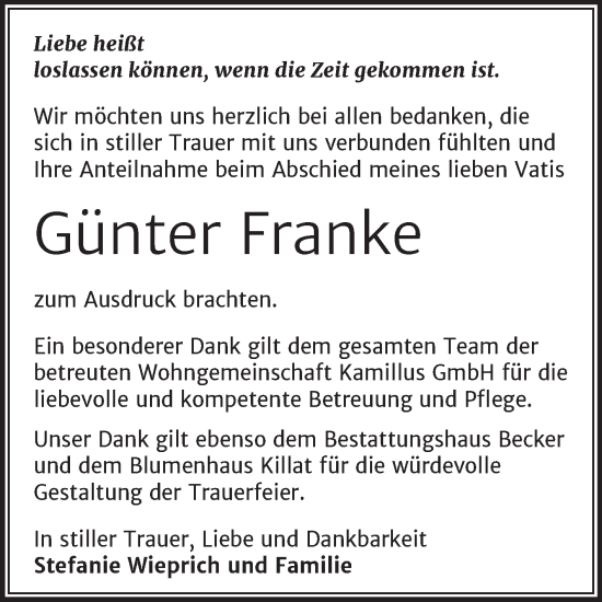 Traueranzeige von Günter Franke von Trauerkombi Sangerhausen