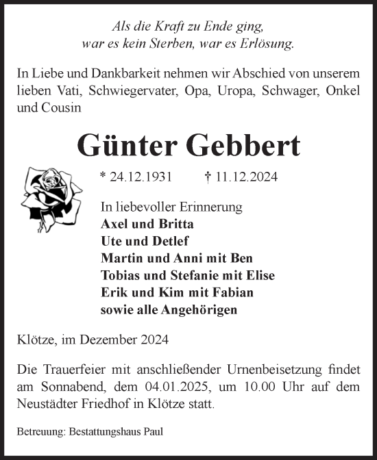 Traueranzeige von Günter Gebbert von Volksstimme Altmark West