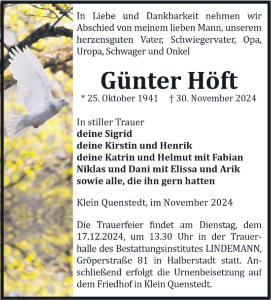 Traueranzeige von Günter Höft von Volksstimme Halberstadt