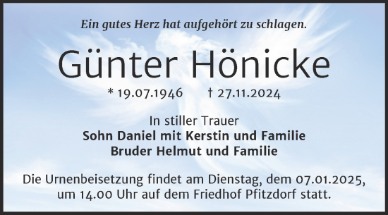 Traueranzeige von Günter Hönicke von Trauerkombi Bernburg