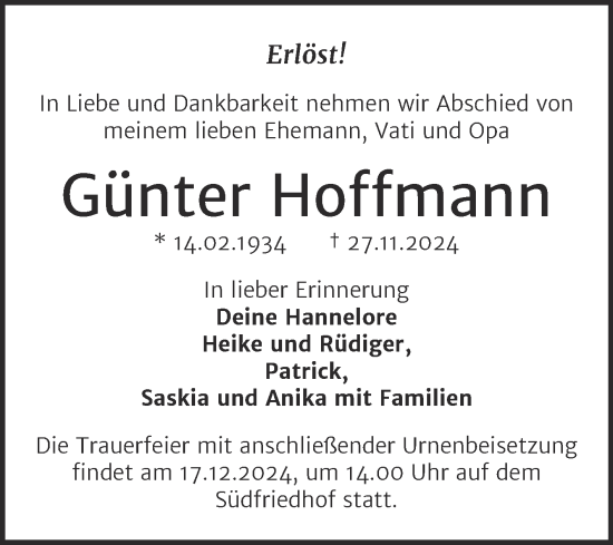 Traueranzeige von Günter Hoffmann von Mitteldeutsche Zeitung Halle/Saalkreis