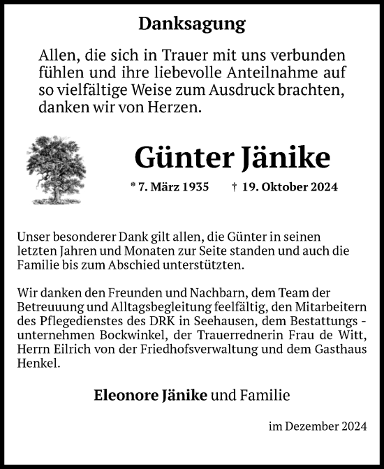 Traueranzeige von Günter Jänike von Volksstimme Altmark Ost