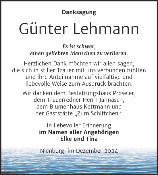 Traueranzeige von Günter Lehmann von Trauerkombi Bernburg