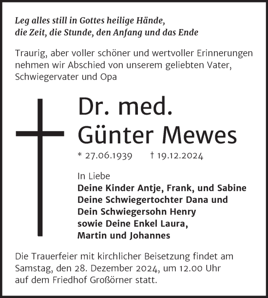 Traueranzeige von Günter Mewes von Mitteldeutsche Zeitung Mansfelder Land