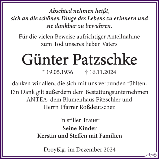Traueranzeige von Günter Patzschke von Trauerkombi Zeitz