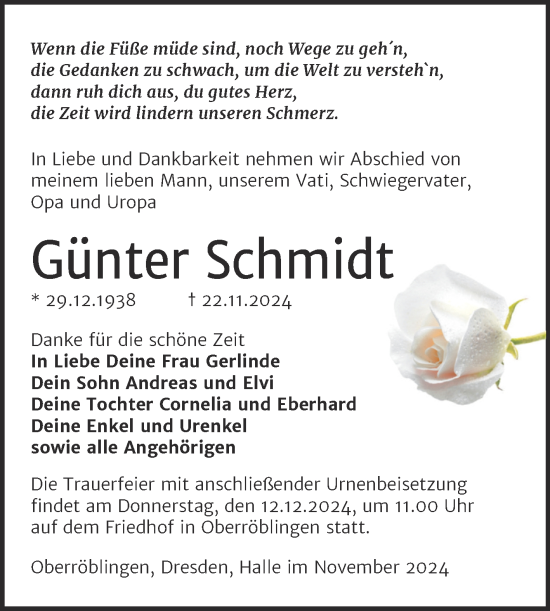 Traueranzeige von Günter Schmidt von Trauerkombi Sangerhausen