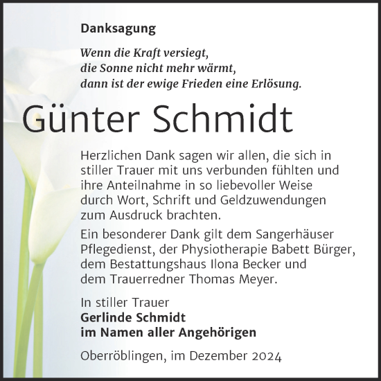 Traueranzeige von Günter Schmidt von Trauerkombi Sangerhausen