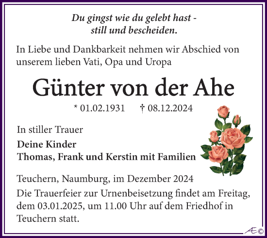 Traueranzeige von Günter von der Ahe von Trauerkombi Weißenfels