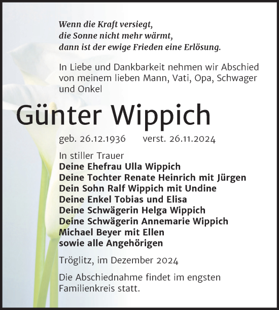Traueranzeige von Günter Wippich von Trauerkombi Zeitz