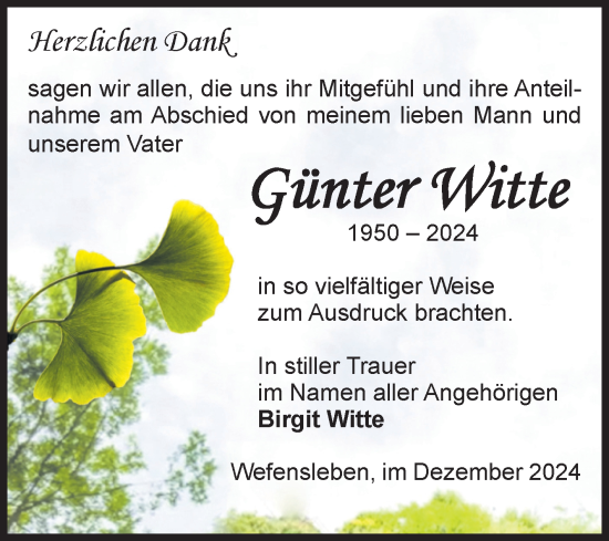 Traueranzeige von Günter Witte von Volksstimme Oschersleben/Wanzleben