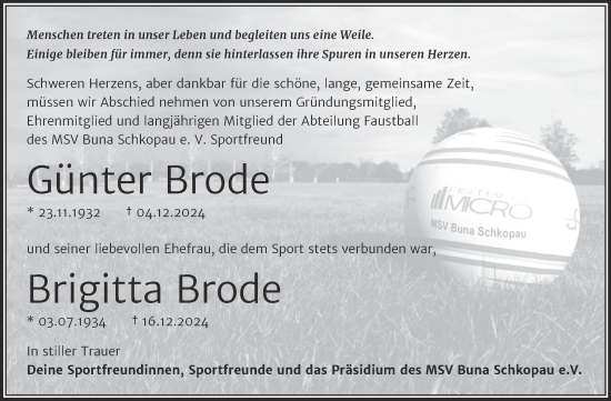 Traueranzeige von Günter und Brigitta Brode von Trauerkombi Merseburg