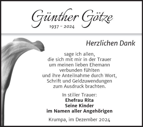 Traueranzeige von Günther Götze von Trauerkombi Merseburg