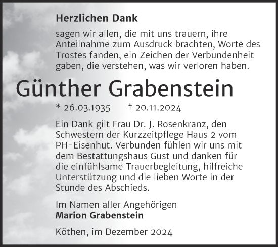 Traueranzeige von Günther Grabenstein von Trauerkombi Köthen