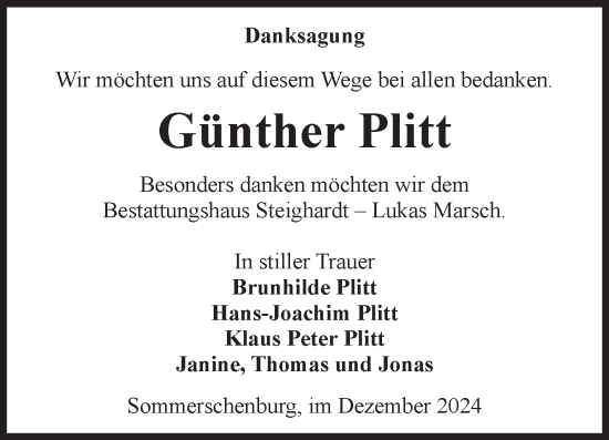Traueranzeige von Günther Plitt von Volksstimme Oschersleben/Wanzleben