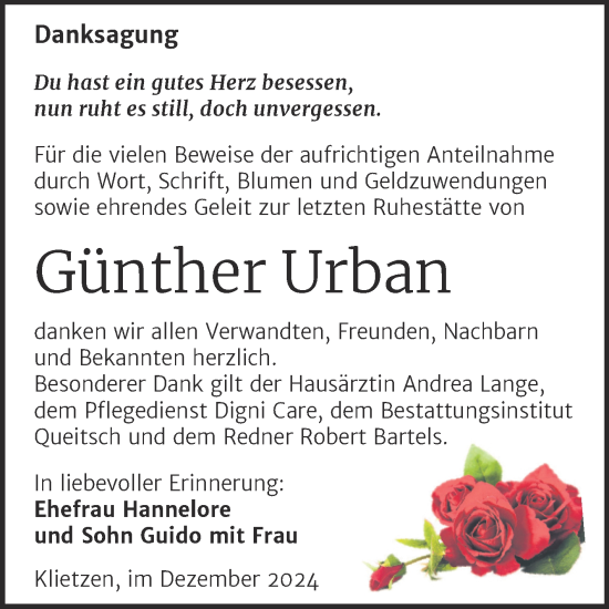 Traueranzeige von Günther Urban von Trauerkombi Köthen