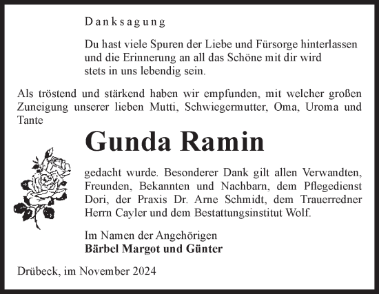 Traueranzeige von Gunda Ramin von Volksstimme Wernigerode