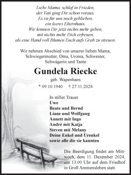 Traueranzeige von Gundela Riecke von Volksstimme Haldensleben/Wolmirstedt