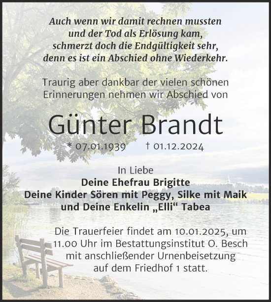 Traueranzeige von Gunter Brandt von Trauerkombi Dessau