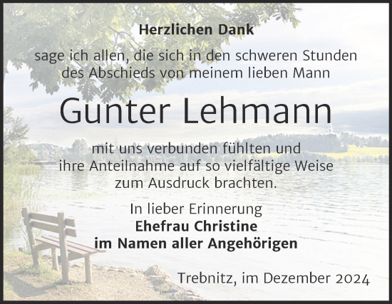 Traueranzeige von Gunter Lehmann von Trauerkombi Weißenfels