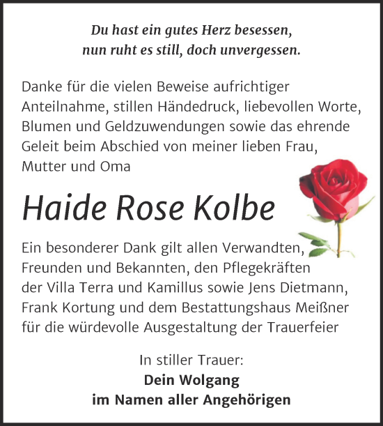 Traueranzeige von Haide Rose Kolbe von Trauerkombi Sangerhausen